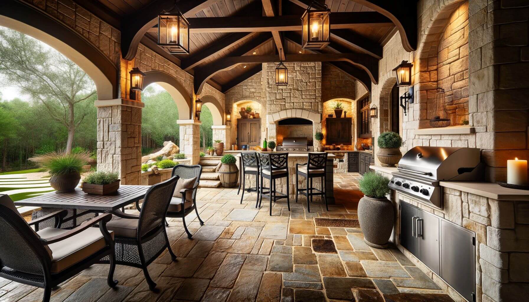 Covered Patio and Outdoor Kitchen with Stone Details