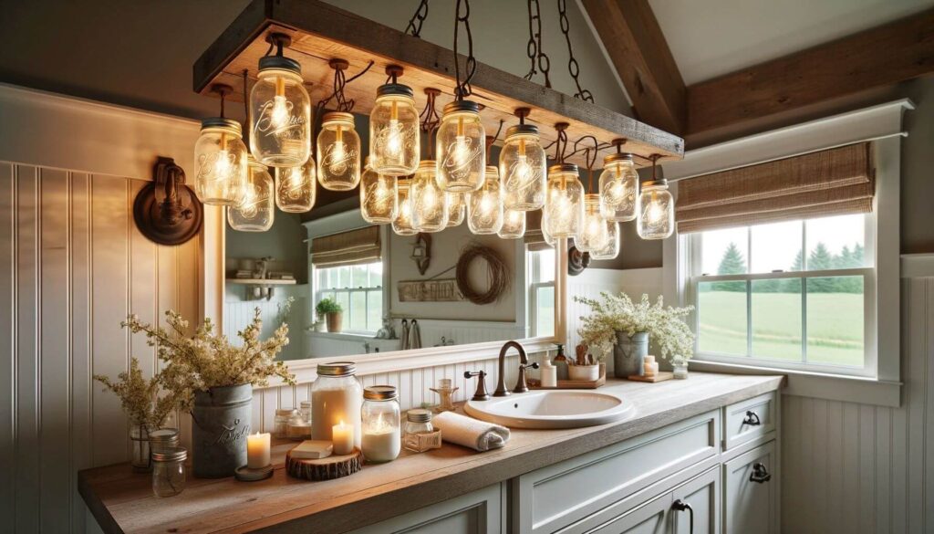 DIY light fixture made from mason jars hanging above a vanity