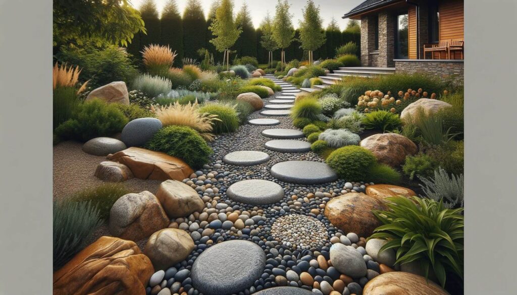 Decorative rocks and pebbles defining garden paths and adding texture