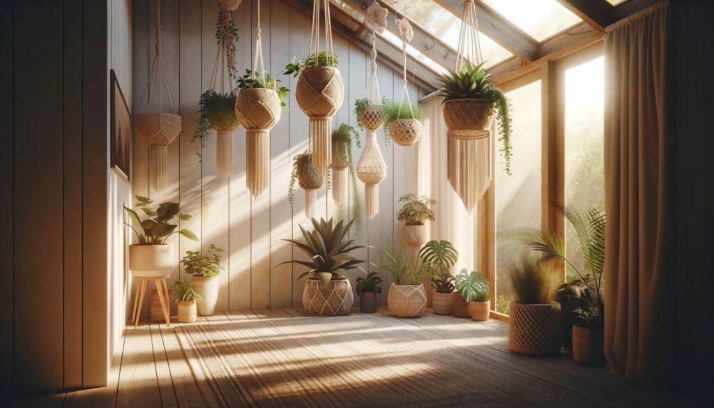 Envision a sunroom designed with macramé plant holders hanging from the ceiling