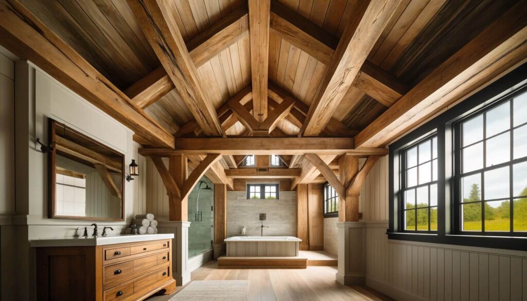 Exposed wooden beams in a farmhouse master bathroom