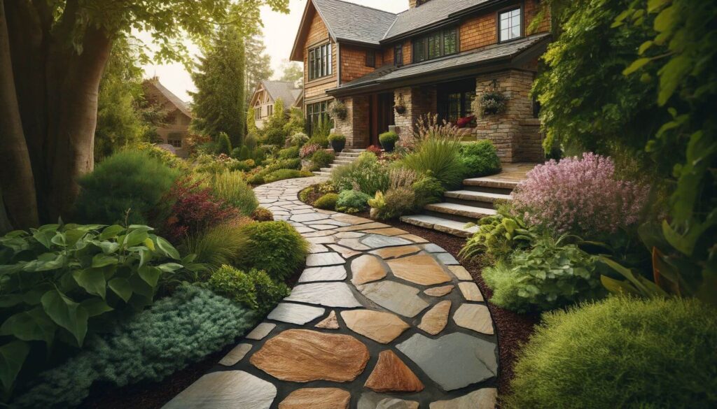 Flagstone pathway that winds through the landscape