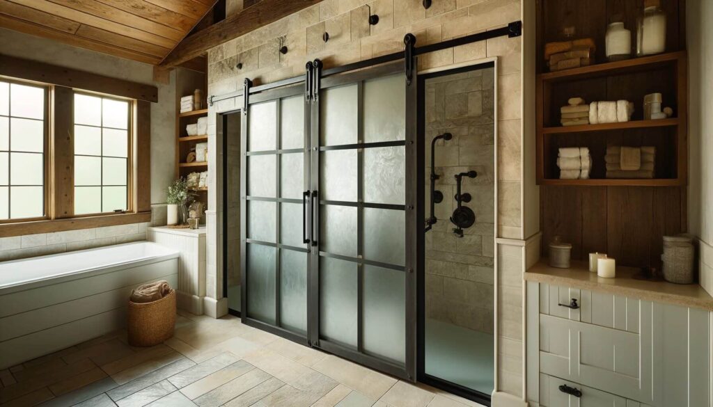 Frosted glass barn door-style shower doors sliding on iron tracks