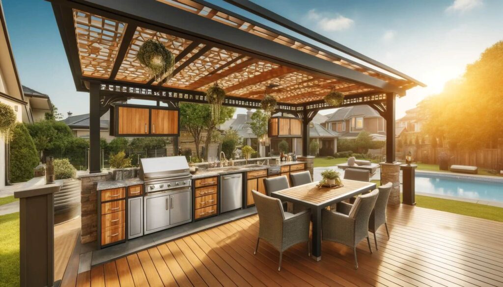 Full outdoor kitchen setup with a covered patio