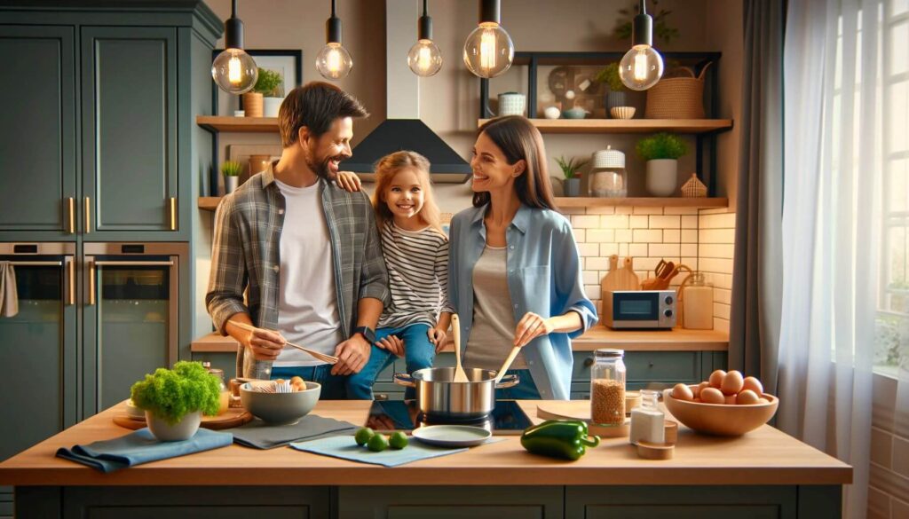 Happy family cooking and interacting in their new kitchen