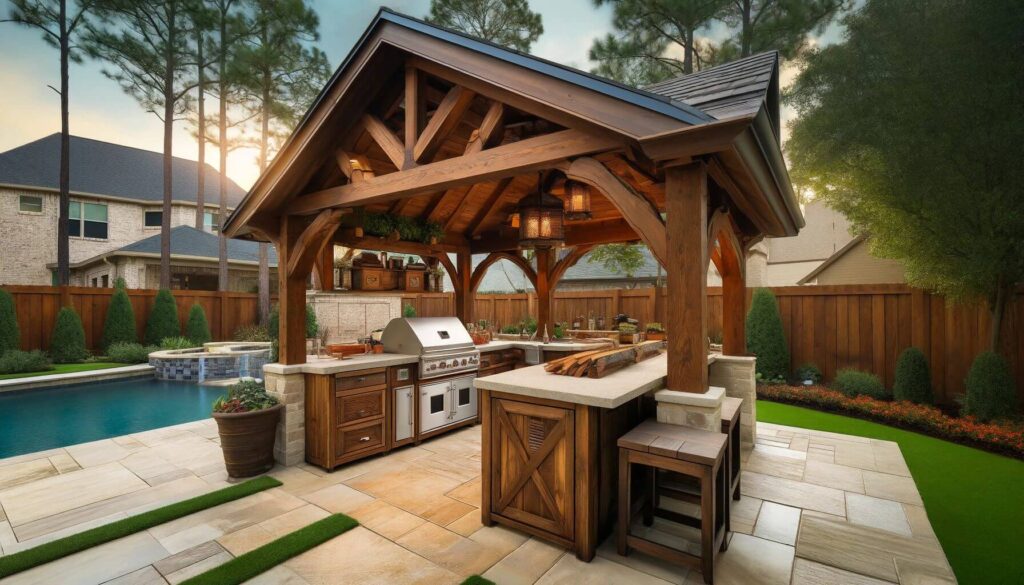 Houston style outdoor kitchen with cedar gable patio cover