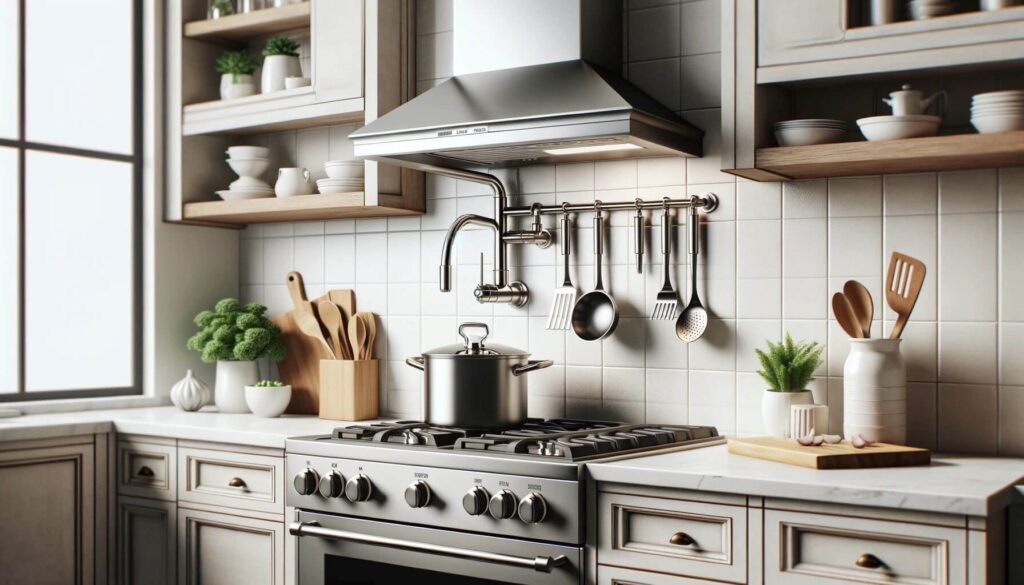 Kitchen design with a pot filler faucet above the stove