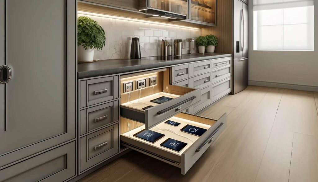 Kitchen hidden charging stations to keep technology handy but out of sight