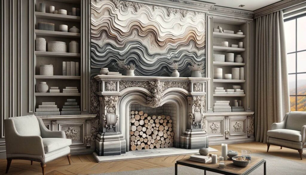 Layered whiteWash stone fireplace