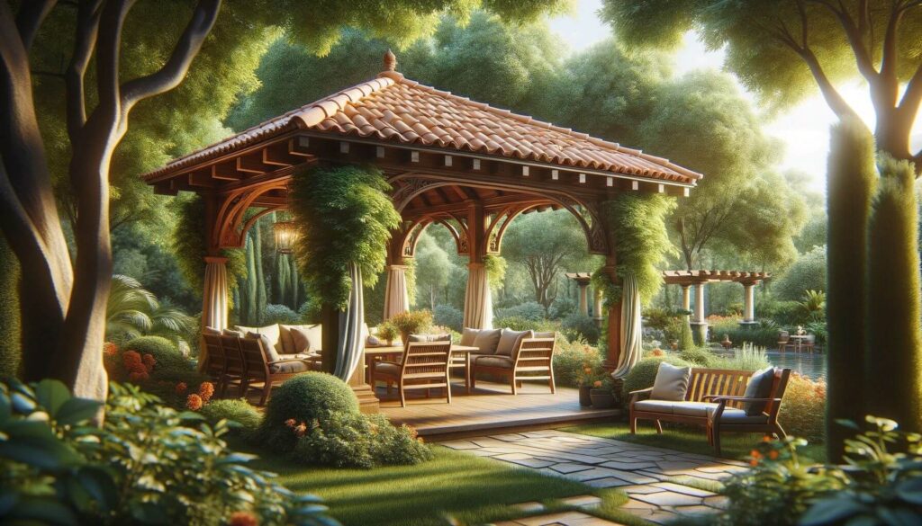 Lush Garden Setting with a pergola terracotta tile roofing