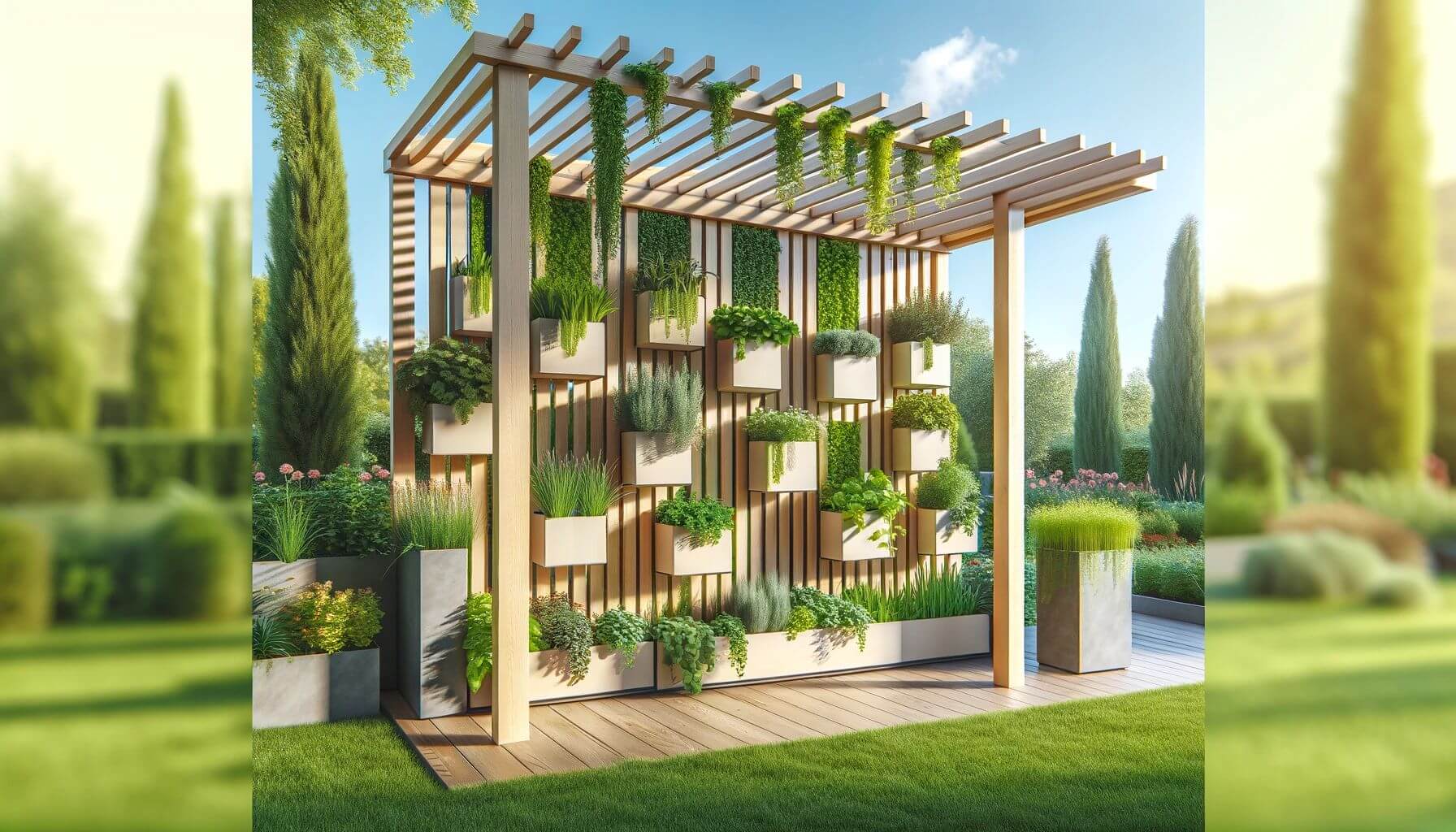 Mazimize small outdoor space with Pergola and vertical planters attached to its posts