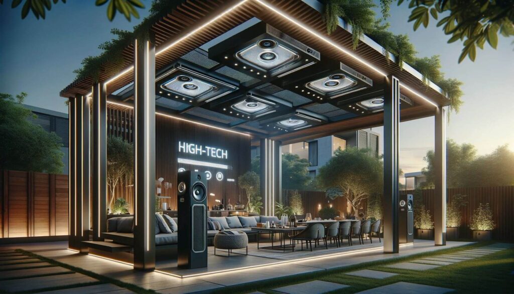 Modern high-tech pergolas equipped with sound systems and smart lighting