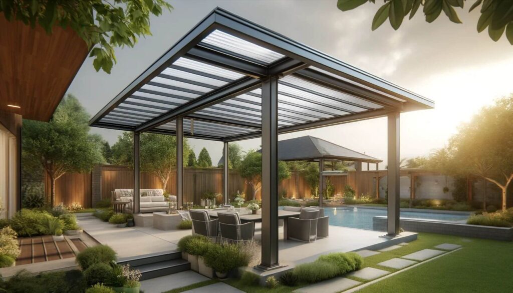 Modern pergola adjustable roof system for variable shade and protection