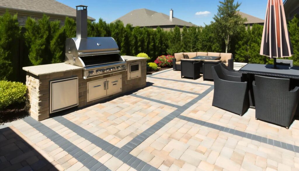 Outdoor Backyard kitchen with paver patio and grill station