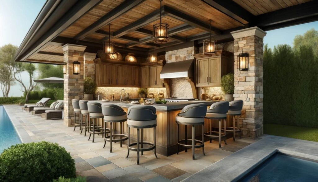 Outdoor Kitchen with Bar Stools and Stone Detailing