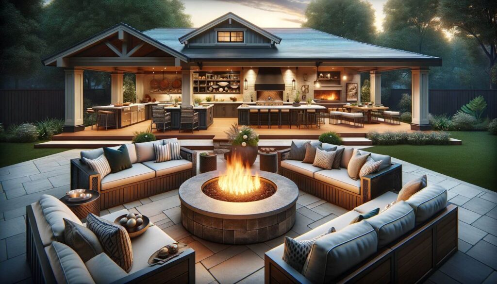 Outdoor kitchen patio living area with a central firepit
