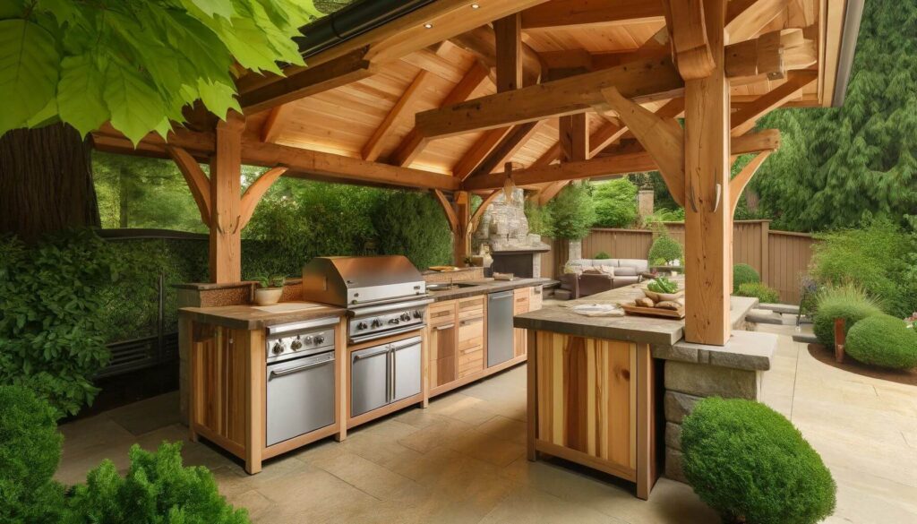 Outdoor kitchen with cedar patio cover