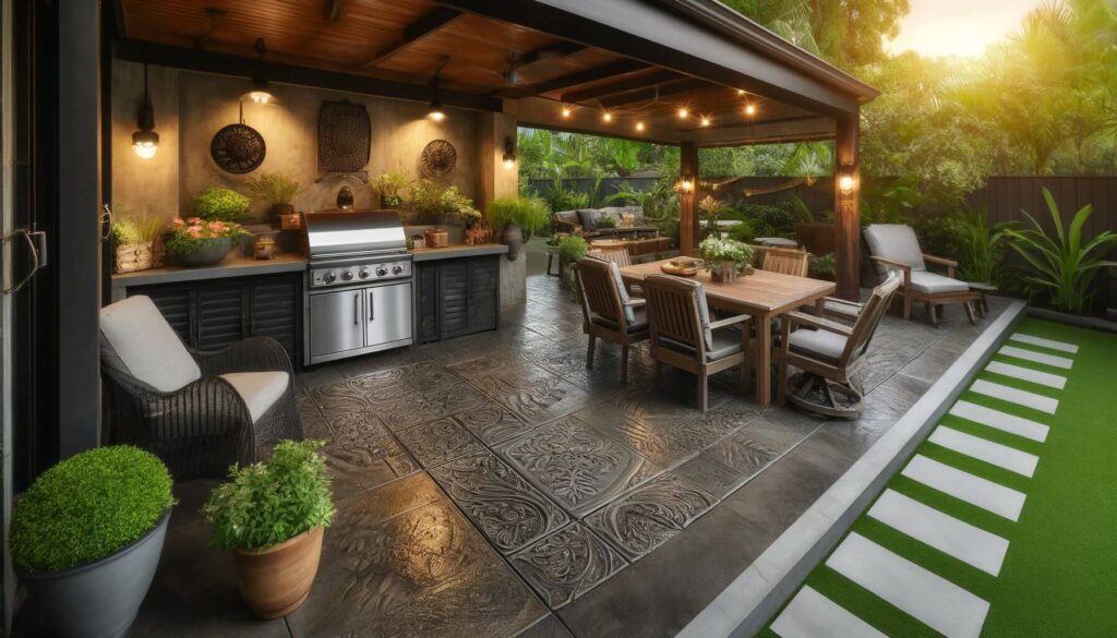 Outdoor kitchen with stamped concrete patio