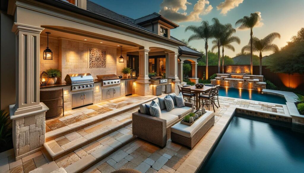 Outdoor kitchen with travertine paver hardscape and pool deck