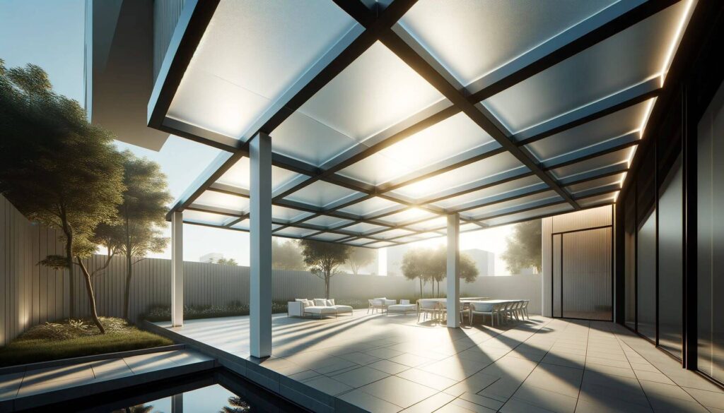 Outdoor pergola using frosted acrylic panels as the roofing material