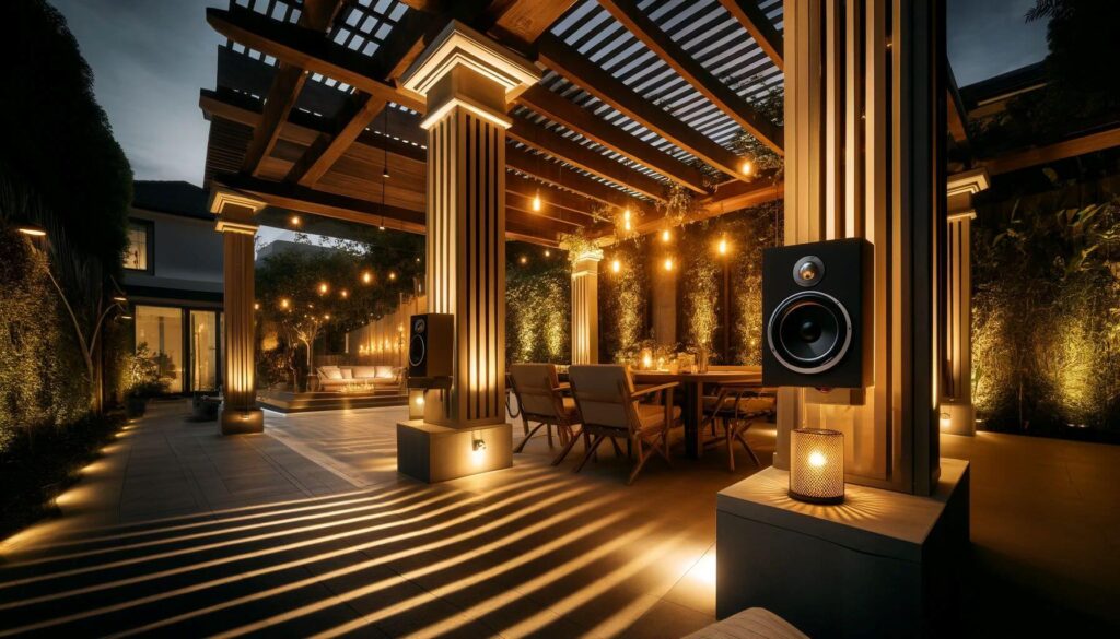 Outdoor pergola with lighting and a sound system a perfect ambiance for evening entertainment