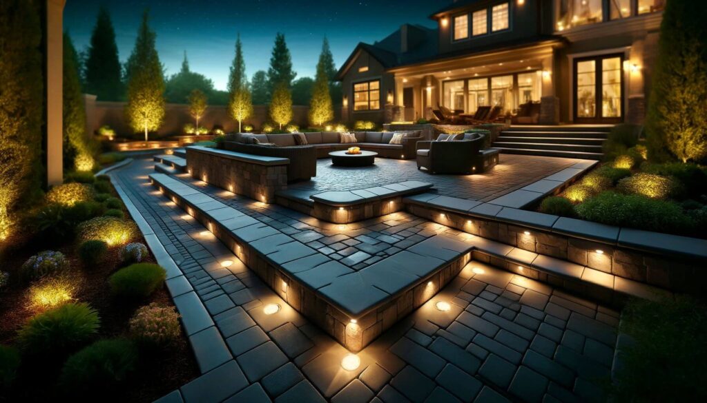 Paver patio design incorporating embedded lighting for evening ambiance