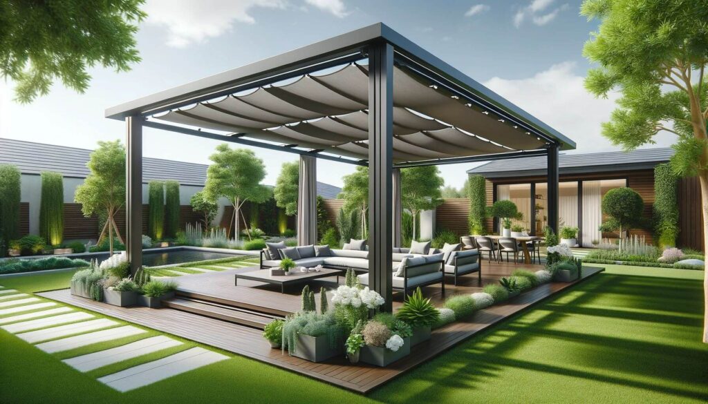 Pergola equipped with retractable canopies for adjustable shade