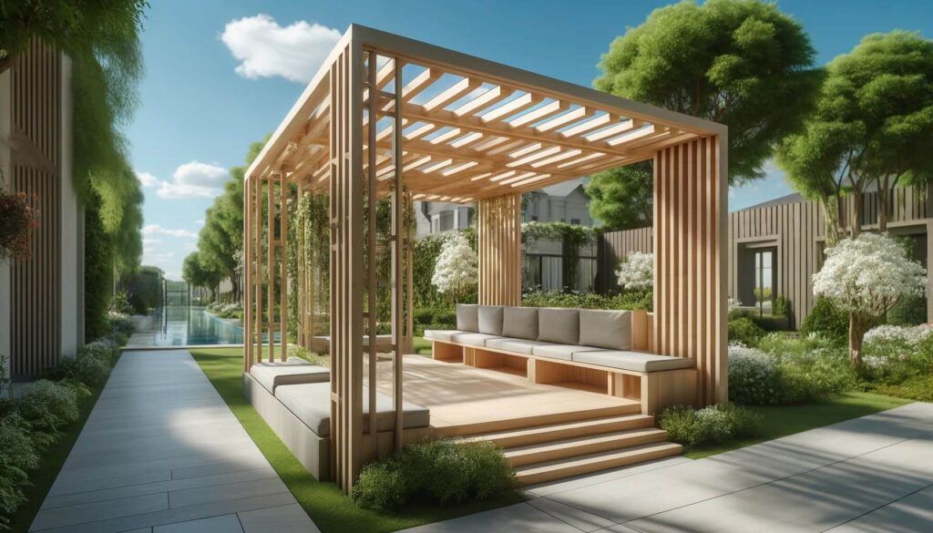 Pergola integrated with built-in benches