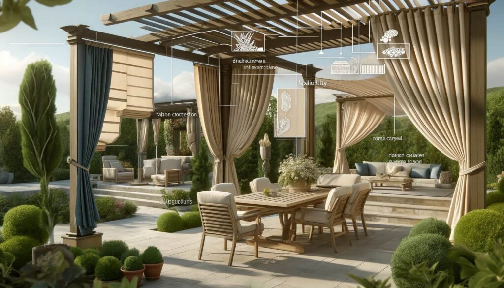 Pergola shading including outdoor curtains, Roman shades, and canopies