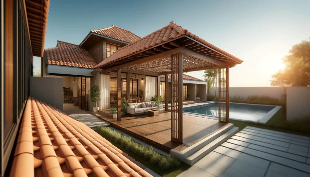 Pergola with terracotta tile roofing integrated into contemporary home design