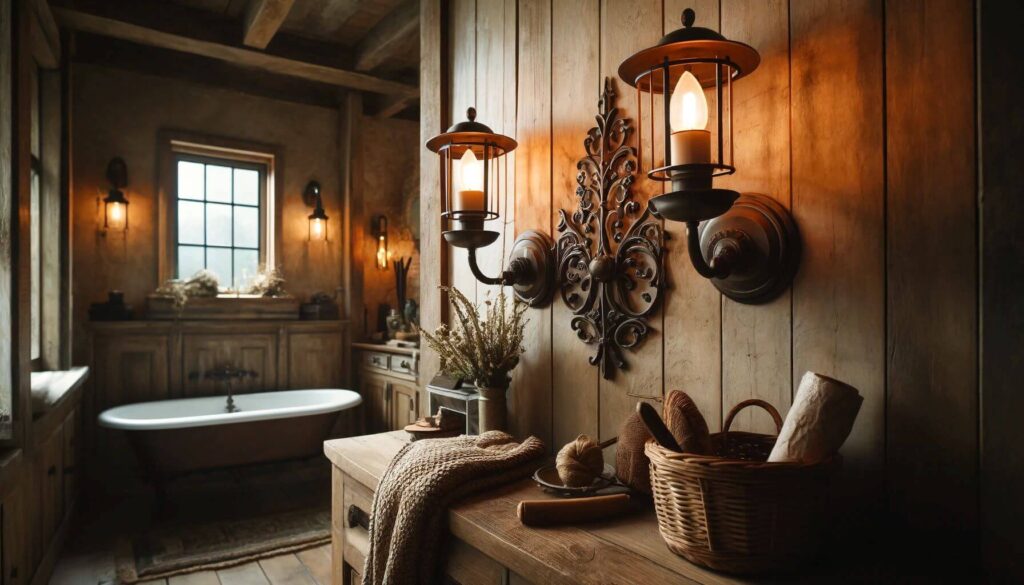 Rustic lighting fixtures in a farmhouse master bathroom