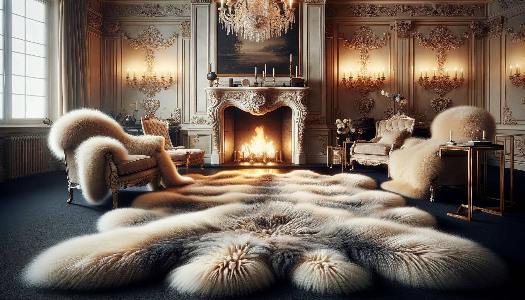 Sheekskin rugs cozy fireplace