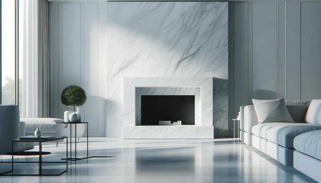 Sleek white marble fireplace stands as the epitome of modern elegance