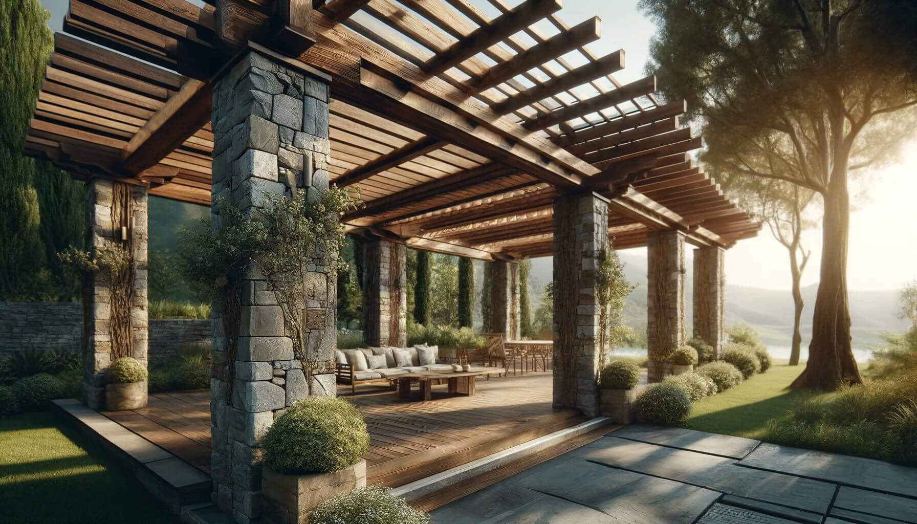 Stone and Wood Combos Pergolas that beautifully combines rustic and modern aesthetics