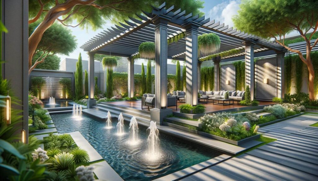 This pergola design integrates fountains or mist systems to enhance the ambiance