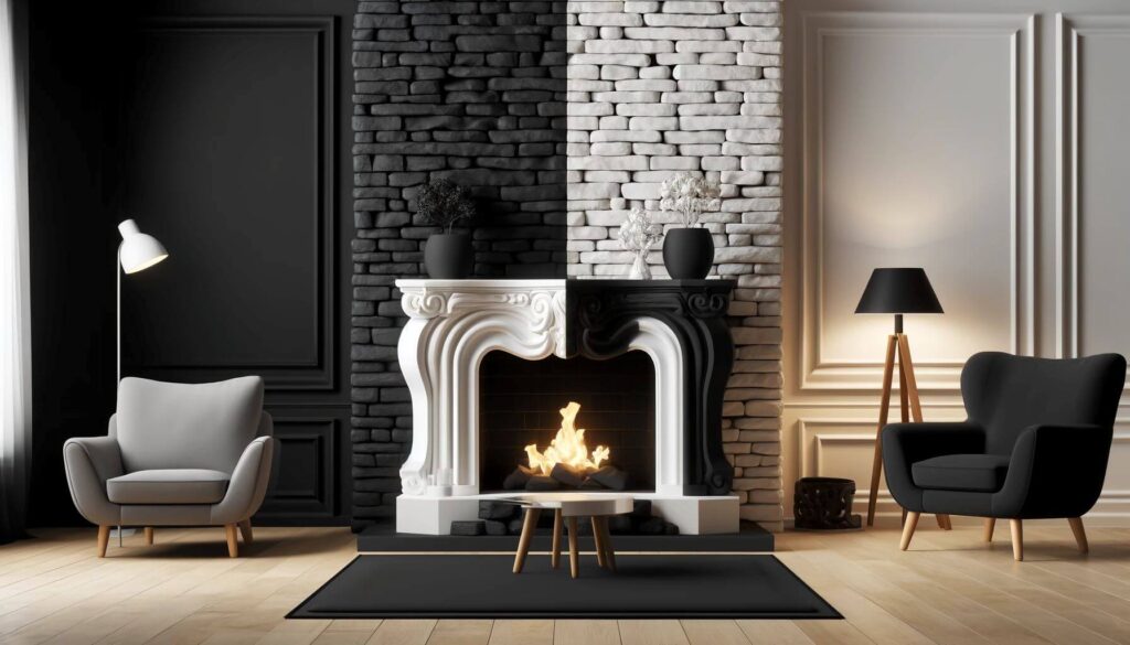 Two-Tone Contrast whitewash stone fireplace technique