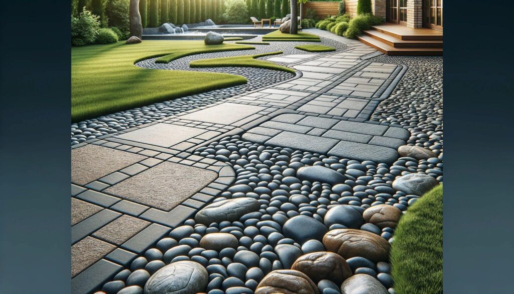 Uniform pavers paired with irregularly shaped river rocks in patio