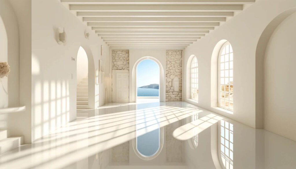 Whitewashed walls are a quintessential element of Greek-inspired interior design