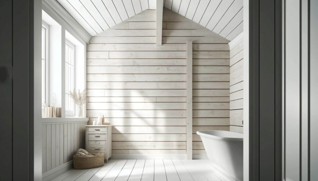 Whitewashed wooden walls in a farmhouse master bathroom