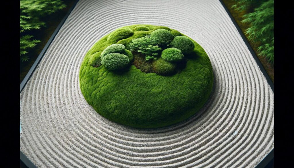 A Zen garden scene with an oasis of lush green moss