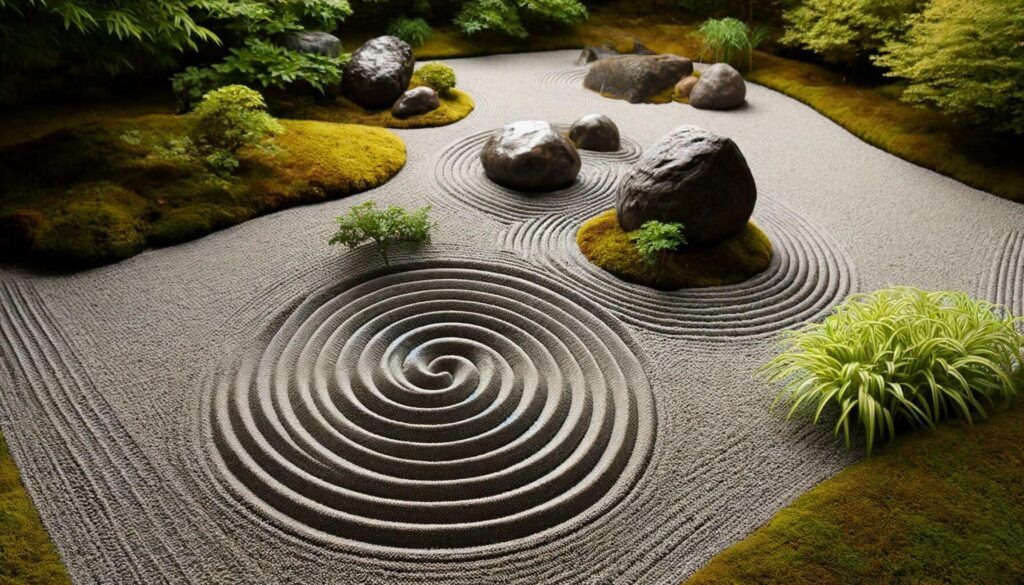 A Zen garden with gravel raked into swirl patterns