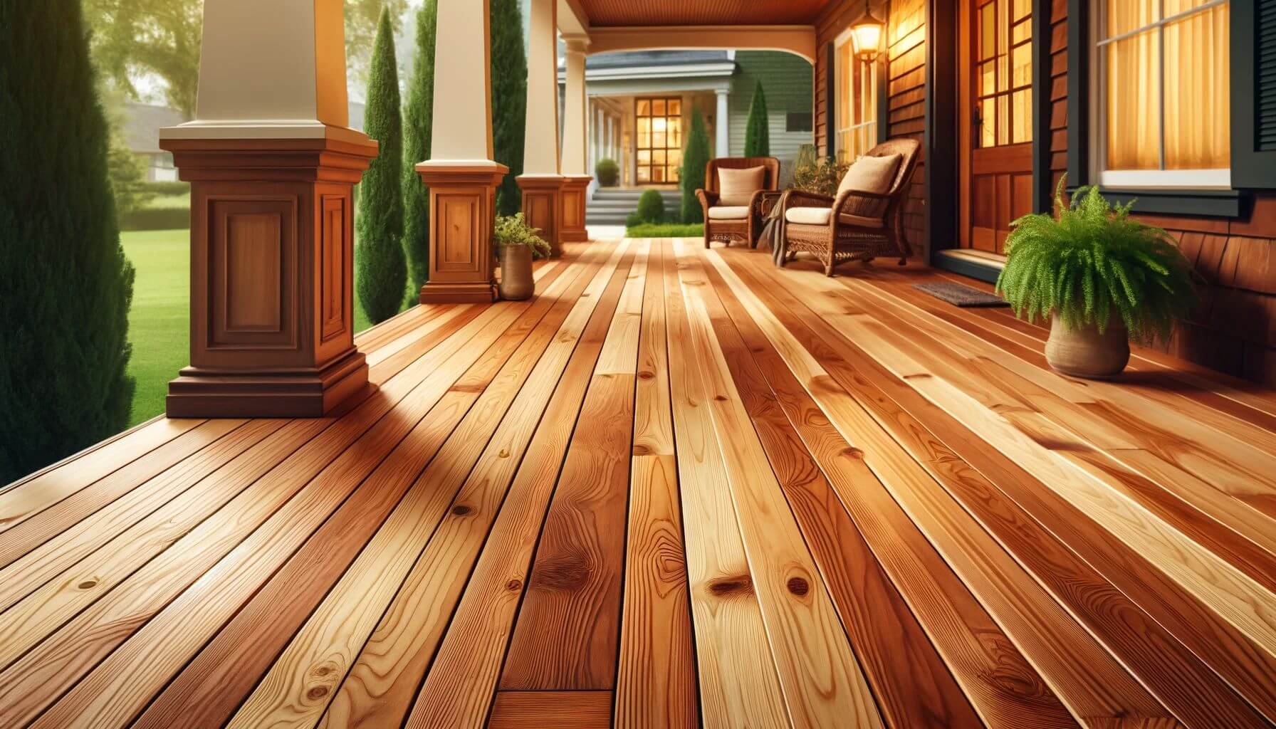 A beautifully maintained wooden porch floor made from cedar, pine, and redwood