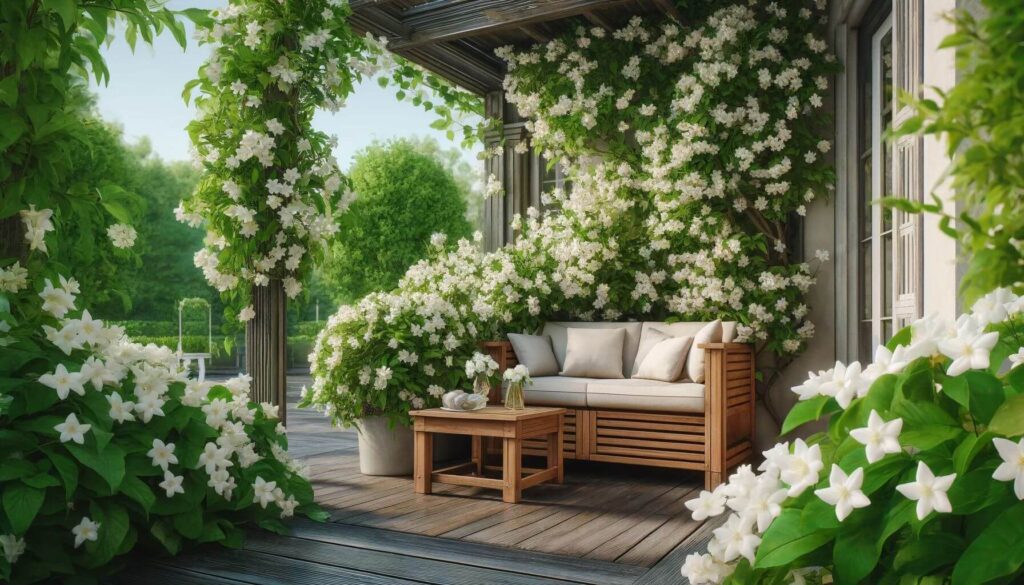 A charming patio surrounded by profusely blooming jasmine plants
