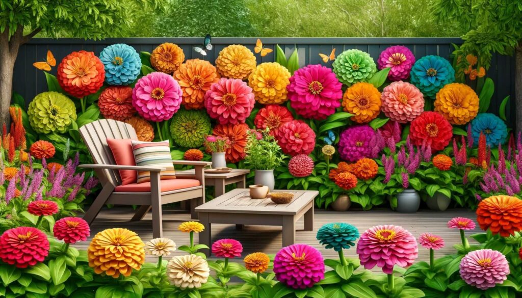 A colorful garden scene with Polywood furniture surrounded by vibrant zinnias