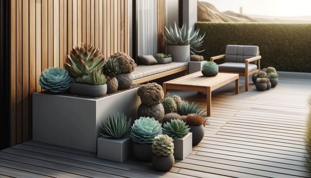 A contemporary patio complemented by an array of diverse succulents