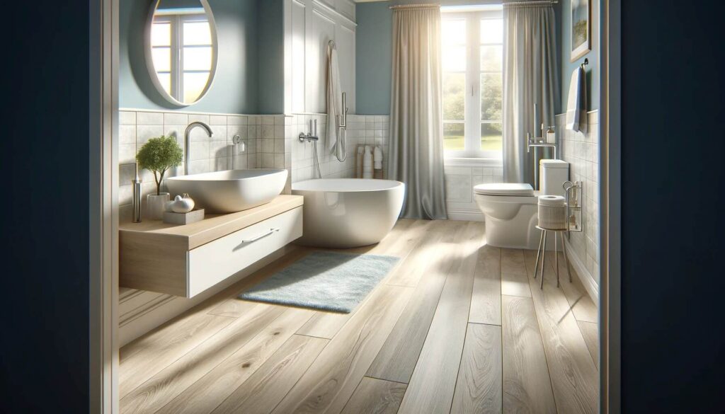 A cozy bathroom with Pergo waterproof laminate flooring