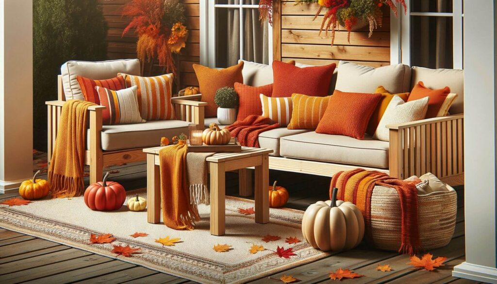 A cozy fall-themed outdoor setting with Polywood furniture with cushions and throws in warm tones of orange, red, and yellow