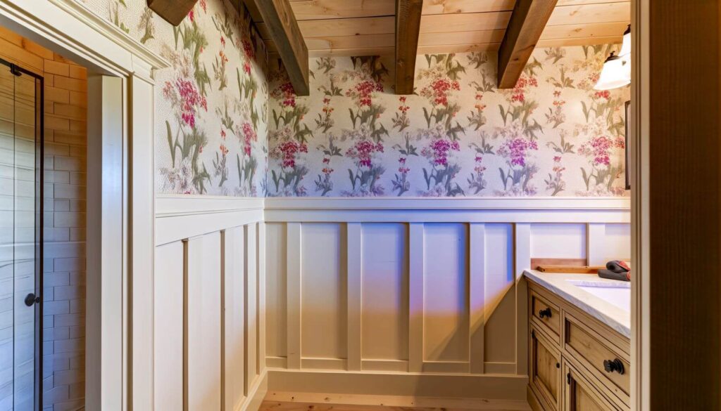 A farmhouse master bathroom combining wainscoting with floral or botanical wallpaper above