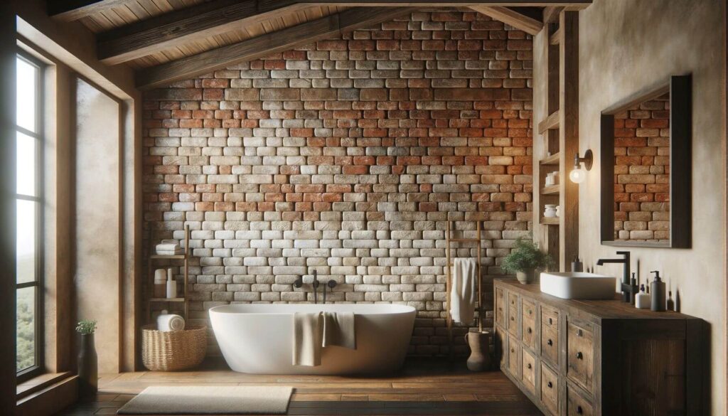 A farmhouse master bathroom with a brick accent wall
