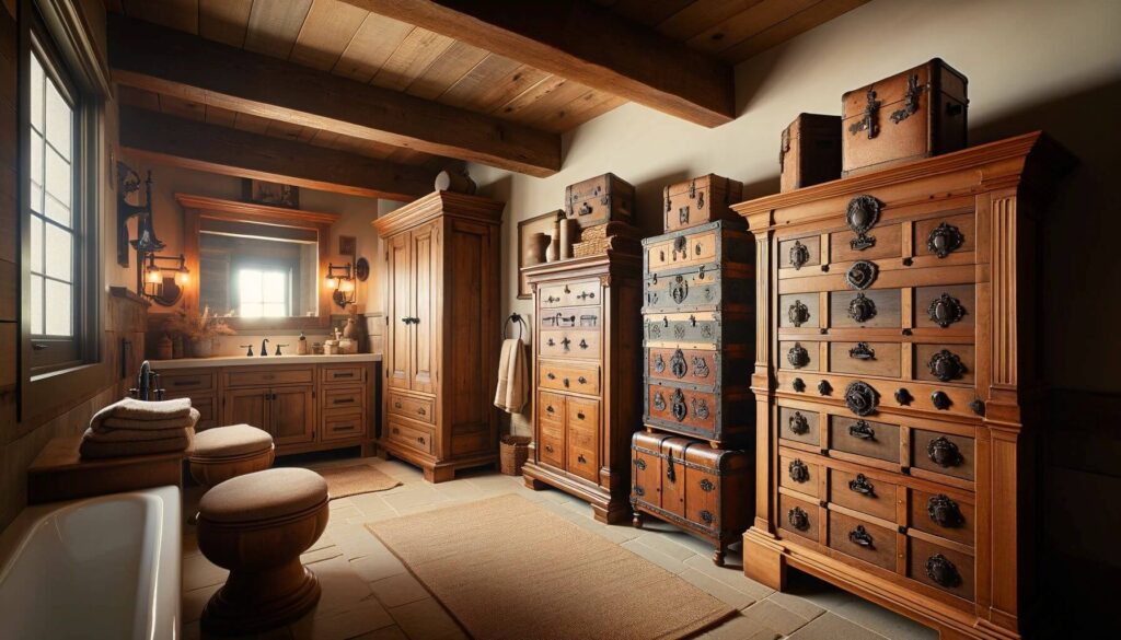 A farmhouse master bathroom with antique storage solutions like chests and armoires for storing linens and toiletries